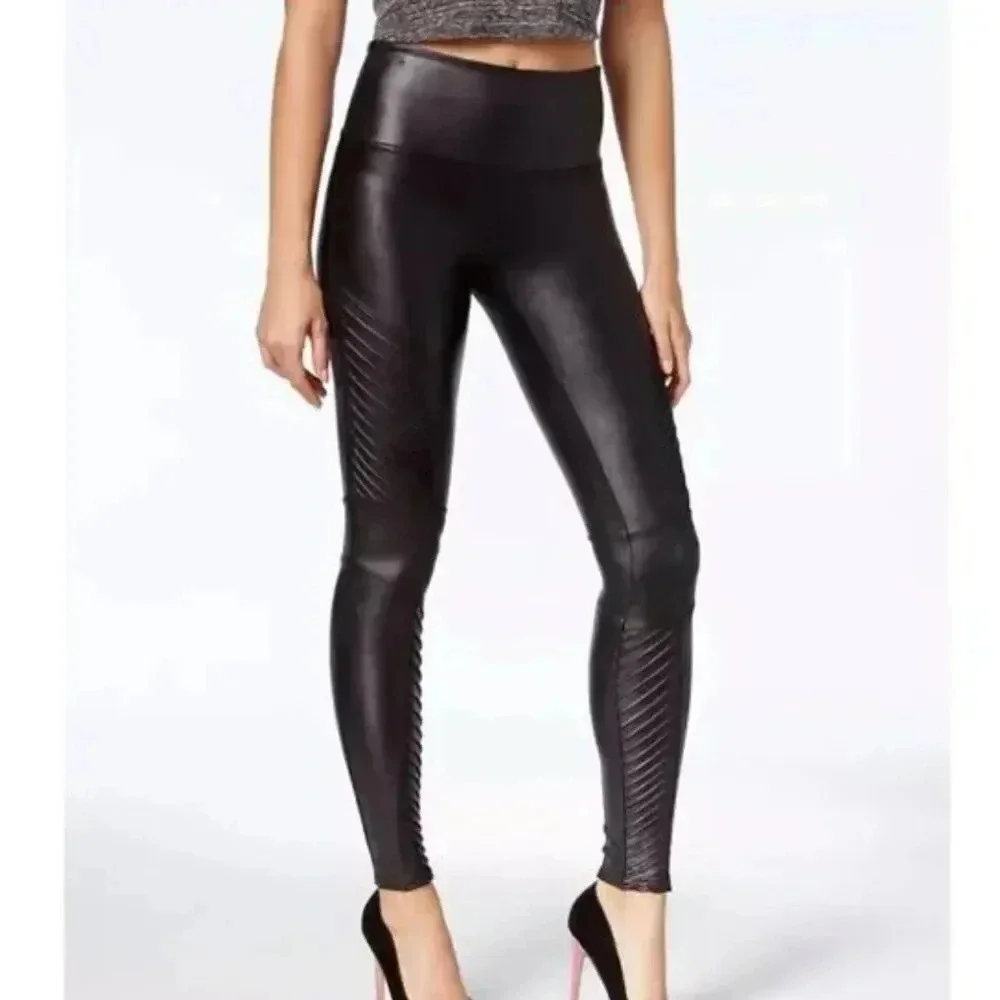 Spanx Leggings Faux Leather Moto Ribbed Slimming Pants Shiny Black Medium Petite